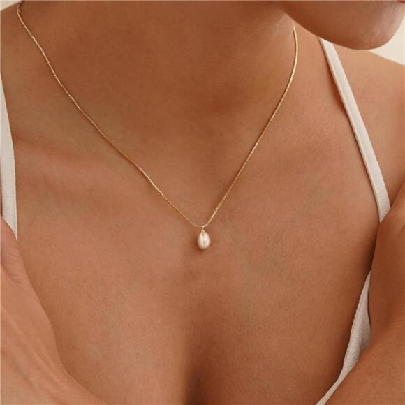 14K Gold Pearl Choker Necklace | Thin Box Chain Adjustable Pendant - Picture 2 of 6